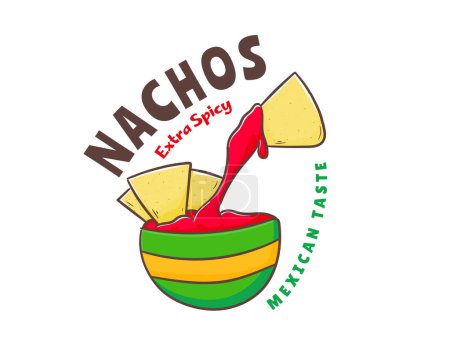 Ilustración de Nachos con un tazón de salsa de guacamole, chile rojo y aguacate. Mexicana de comida callejera tradicional latinoamericana. Diseño de concepto de alimentos. Ilustración de estilo plano de dibujos animados. Aislado - Imagen libre de derechos