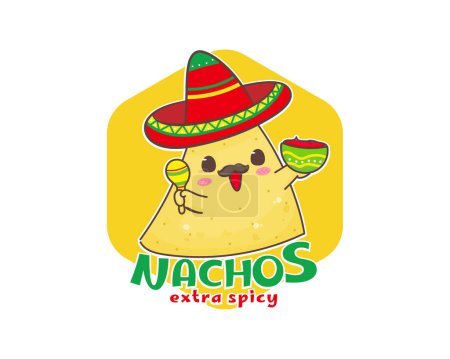 Illustration for Nachos cartoon logo. Mexican traditional street food. Cute adorable food character concept. Nachos wears sombrero hat playing guitar. Vector art illustration - Royalty Free Image