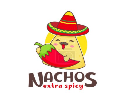 Ilustración de Nachos chips de maíz con salsa de salsa y chile rojo vector logo de dibujos animados. Tortilla de maíz mexicana con salsa aislada sobre fondo blanco. - Imagen libre de derechos
