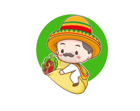 Téléchargez les illustrations : Mignon chef mexicain avec sombrero chapeau personnage de dessin animé. Illustration logo icône Burrito. Cuisine de rue traditionnelle mexicaine. - en licence libre de droit