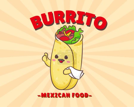 Téléchargez les illustrations : Cuisine traditionnelle mexicaine. Délicieux Burritos. Mignon Burrito tenant des serviettes et montrant pouce vers le haut - en licence libre de droit