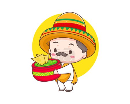 Téléchargez les illustrations : Chef mexicain mignon avec chapeau sombrero tenant des nachos et guacamole personnage de dessin animé sauce avocat. Illustration du logo de l'icône Guacamole. Cuisine de rue traditionnelle mexicaine. - en licence libre de droit