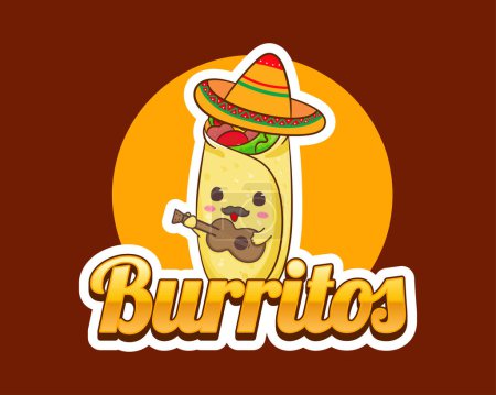 Téléchargez les illustrations : Cuisine traditionnelle mexicaine. Burritos jouant de la guitare. Mignon Burritos porte Sombrero Hat. Burritos Illustration. - en licence libre de droit