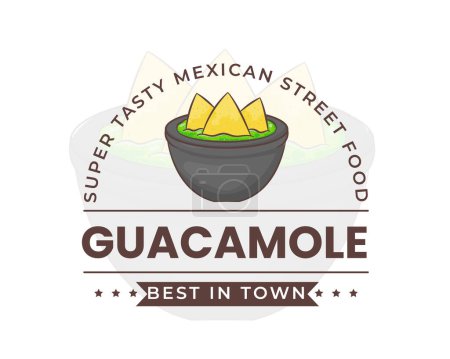 Téléchargez les illustrations : Logo du guacamole. Nachos avec un bol de sauce à l'avocat. Cuisine de rue traditionnelle mexicaine. Style de dessin animé plat. - en licence libre de droit
