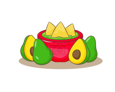 Téléchargez les illustrations : Nachos avec un bol de sauce guacamole à l'avocat. Cuisine de rue traditionnelle mexicaine. Cartoon style plat. - en licence libre de droit