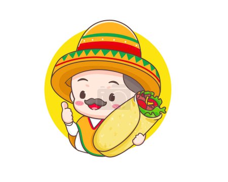 Ilustración de Lindo chef mexicano con sombrero personaje de dibujos animados sombrero. Ilustración del logotipo del icono Burrito. Comida callejera tradicional mexicana. - Imagen libre de derechos