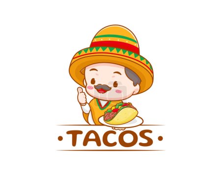Téléchargez les illustrations : Illustration de dessin animé logo Tacos. Mignon chef porte un chapeau sombrero tenant des tacos. Cuisine de rue traditionnelle mexicaine. Adorable chef mexicain. Illustration d'art vectoriel - en licence libre de droit