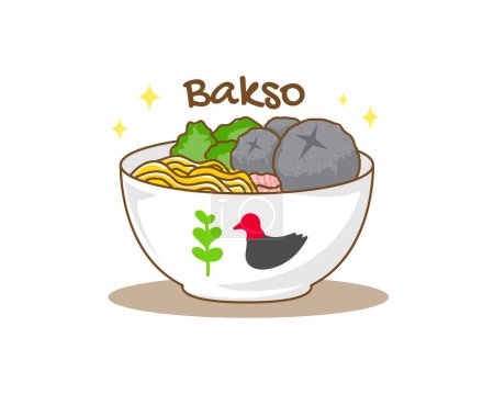 Illustration for Bakso or meatball with Noodle and Vegetable logo icon. Flat cartoon style. Asian Food concept design. Indonesian traditional street food. Vector art illustration isolated white background - Royalty Free Image