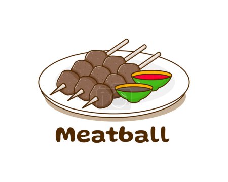 Illustration for Meatballs on wooden stick skewer. Meatball on plate with a bowl of sauce. Food concept design. Traditional street food. Flat cartoon style. Isolated white background. Vector art illustration - Royalty Free Image
