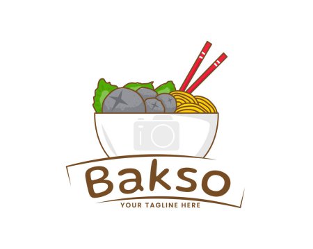 Illustration for Bakso or meatball with Noodle and Vegetable logo icon. Flat cartoon style. Asian Food concept design. Indonesian traditional street food. Vector art illustration isolated white background - Royalty Free Image