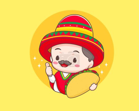 Ilustración de Tacos logo ilustración de dibujos animados. Lindo chef lleva sombrero sombrero sosteniendo tacos. Comida callejera tradicional mexicana. Adorable chef mexicano. ilustración de arte vectorial - Imagen libre de derechos