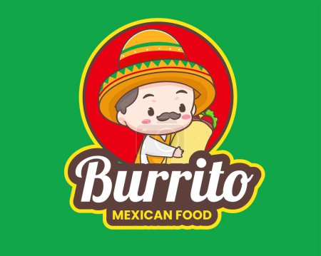 Téléchargez les illustrations : Mignon chef mexicain avec sombrero chapeau personnage de dessin animé. Illustration logo icône Burrito. Cuisine de rue traditionnelle mexicaine. - en licence libre de droit