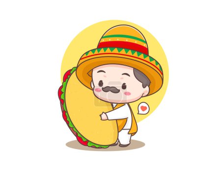 Illustration for Tacos logo cartoon illustration. Cute chef wears sombrero hat holding tacos. Mexican traditional street food. Adorable Mexican chef. Vector art illustration - Royalty Free Image