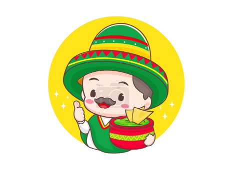 Téléchargez les illustrations : Chef mexicain mignon avec chapeau sombrero tenant des nachos et guacamole personnage de dessin animé sauce avocat. Illustration du logo de l'icône Guacamole. Cuisine de rue traditionnelle mexicaine. Chef montrant pouce en l'air. - en licence libre de droit