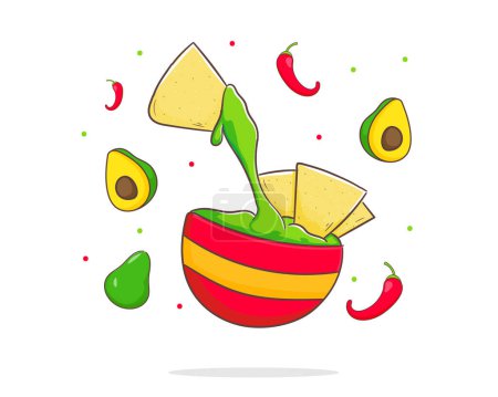 Illustration for Nachos with a bowl of guacamole sauce, red chili pepper and avocado. Mexican of Latin American traditional street food. Food concept design. Flat cartoon style illustration. Isolated - Royalty Free Image