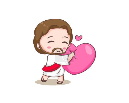 Illustration for Cute Jesus Christ cartoon character hugging big love heart. Hand drawn Chibi character, clip art, sticker, isolated white background. Christian Bible for kids. Mascot logo icon vector art - Royalty Free Image