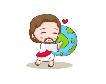 Illustration for Cute Jesus Christ cartoon character hugging the earth. Hand drawn Chibi character, clip art, sticker, isolated white background. Christian Bible for kids. Mascot logo icon vector art illustration - Royalty Free Image