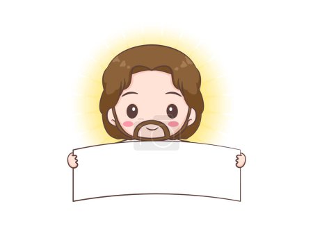Illustration for Cute Jesus Christ cartoon character holding empty sign banner billboard. Hand drawn Chibi character, clip art, sticker, isolated white background. Mascot logo icon vector art - Royalty Free Image