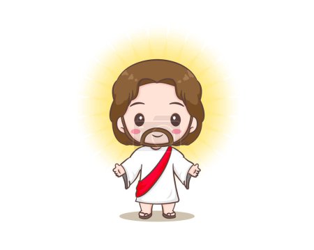 Illustration for Cute Jesus Christ cartoon character. Hand drawn Chibi character, clip art, sticker, isolated white background. Christian Bible for kids. Mascot logo icon vector art illustration - Royalty Free Image