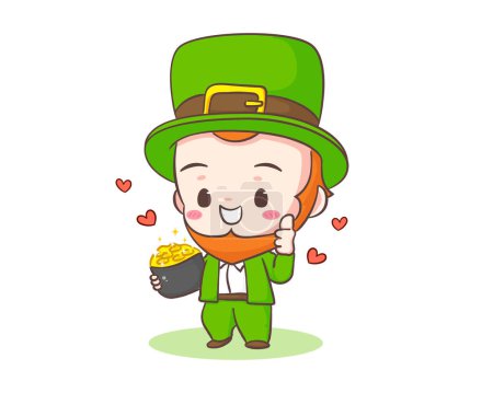 Illustration for Cute Adorable Leprechaun cartoon holding a pot of gold coin. Hand drawn chibi character. Happy Saint Patrick's Day concept design. Isolated White background. Vector art illustration. - Royalty Free Image