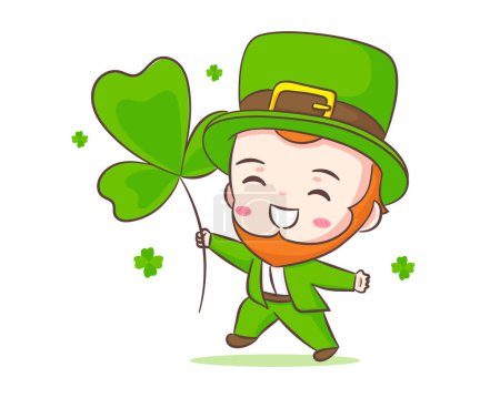 Cute Adorable Leprechaun cartoon holding clover. Hand drawn chibi character. Happy Saint Patrick's Day concept design. Isolated White background. Vector art illustration.