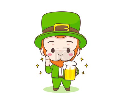 Illustration for Cute Adorable Leprechaun cartoon holding beer and showing thumb up. Hand drawn chibi character. Happy Saint Patrick's Day concept design. Isolated White background. Vector art - Royalty Free Image