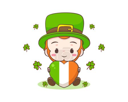 Illustration for Cute Adorable Leprechaun cartoon holding Ireland love heart. Hand drawn chibi character. Happy Saint Patrick's Day concept design. Isolated White background. Vector art - Royalty Free Image