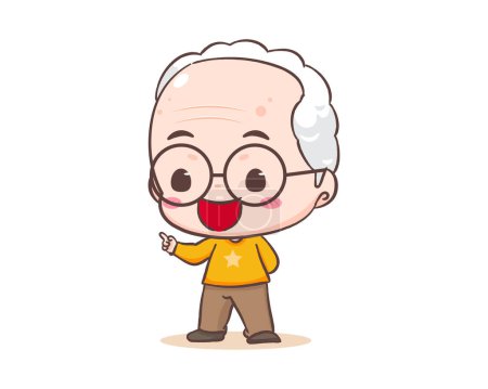 Illustration for Cute grandfather or old man cartoon character. Grandpa pointing hand sign pose. Kawaii chibi hand drawn style. Adorable mascot vector illustration. People Family Concept design - Royalty Free Image