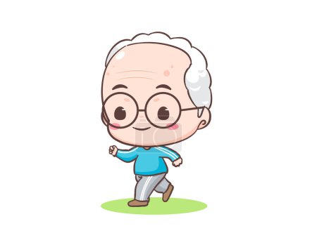 Illustration for Cute grandfather or old man cartoon character. Grandpa jogging or running. Kawaii chibi hand drawn style. Adorable mascot vector illustration. - Royalty Free Image