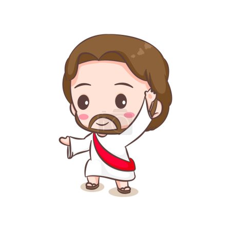 Illustration for Cute Jesus Christ cartoon character. Hand drawn Chibi character, clip art, sticker, isolated white background. Christian Bible for kids. Mascot logo icon vector art illustration - Royalty Free Image