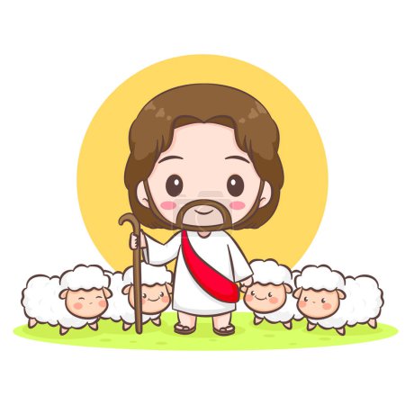 Illustration for Cute Jesus Christ herding sheep cartoon. Hand drawn Chibi character isolated white background. Christian Bible for kids. Mascot logo icon vector art illustration - Royalty Free Image