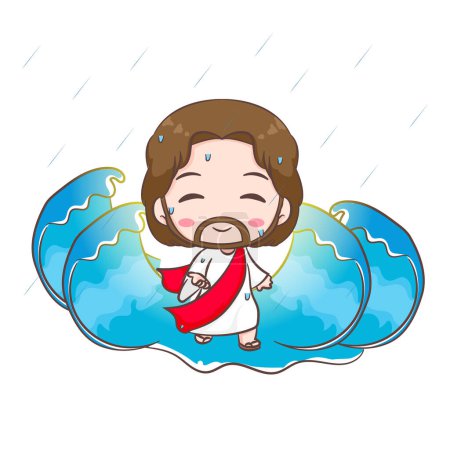 Illustration for Cute Jesus Christ cartoon walking on the water with open hand. Hand drawn Chibi character isolated white background. Christian Bible for kids. Mascot logo icon vector art illustration - Royalty Free Image