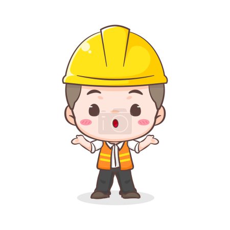 Illustration for Cute Contractor or architecture Cartoon Character asking questions. People Building Icon Concept design. Isolated Flat Cartoon Style. Vector art illustration - Royalty Free Image