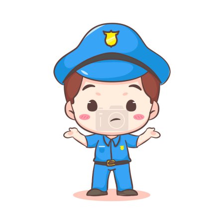 Illustration for Cute policeman show confused expression cartoon character. People profession concept design. Isolated white background. Vector art illustration. Adorable chibi flat cartoon style - Royalty Free Image