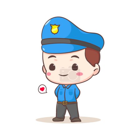 Illustration for Cute policeman standing crossed arms behind back cartoon character. People profession concept design. Isolated white background. Vector art illustration. Adorable chibi flat cartoon style - Royalty Free Image