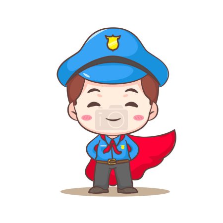 Illustration for Cute policeman with red cloak as a hero cartoon character. People profession concept design. Isolated white background. Vector art illustration. Adorable chibi flat cartoon style - Royalty Free Image