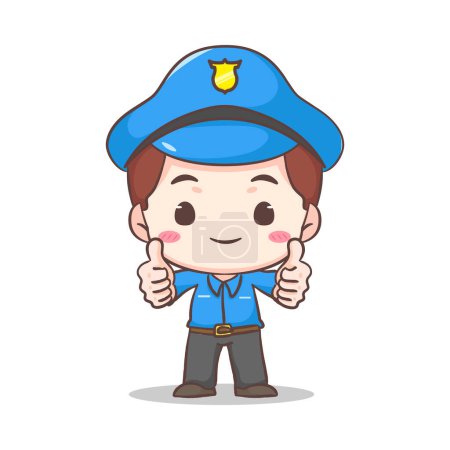 Illustration for Cute policeman standing showing thumbs up cartoon character. People profession concept design. Isolated white background. Vector art illustration. Adorable chibi flat cartoon style - Royalty Free Image