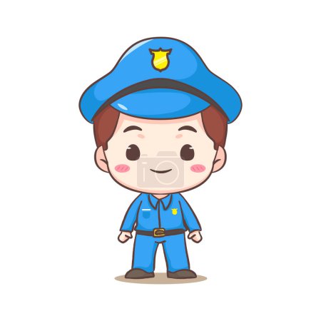 Illustration for Cute policeman standing front side view cartoon character. People profession concept design. Isolated white background. Vector art illustration. Adorable chibi flat cartoon style - Royalty Free Image