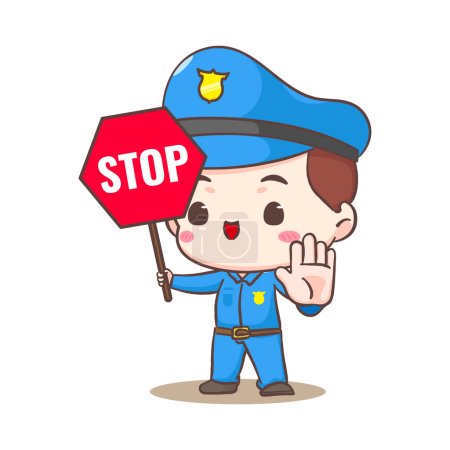 Illustration for Cute policeman holding stop sign cartoon character. People profession concept design. Isolated white background. Vector art illustration. Adorable chibi flat cartoon style - Royalty Free Image