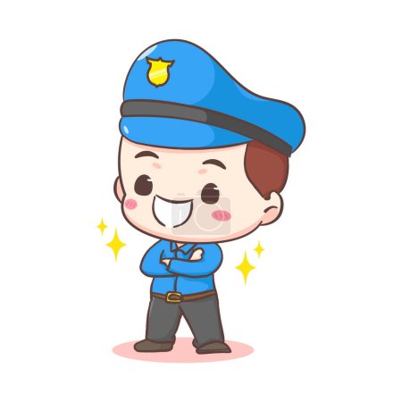 Illustration for Cute policeman standing with crossed arms cartoon character. People profession concept design. Isolated white background. Vector art illustration. Adorable chibi flat cartoon style - Royalty Free Image