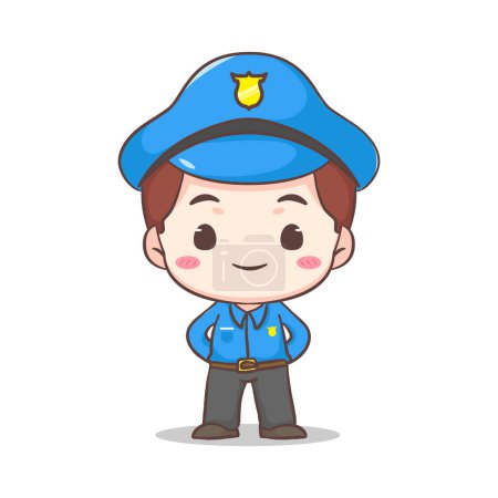 Illustration for Cute policeman standing with arms on back cartoon character. People profession concept design. Isolated white background. Vector art illustration. Adorable chibi flat cartoon style - Royalty Free Image