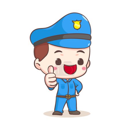 Illustration for Cute policeman showing thumb up cartoon character. People profession concept design. Isolated white background. Vector art illustration. Adorable chibi flat cartoon style - Royalty Free Image
