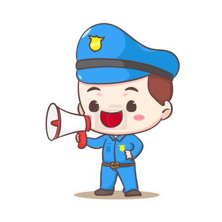 Illustration for Cute policeman holding megaphone cartoon character. People profession concept design. Isolated white background. Vector art illustration. Adorable chibi flat cartoon style - Royalty Free Image