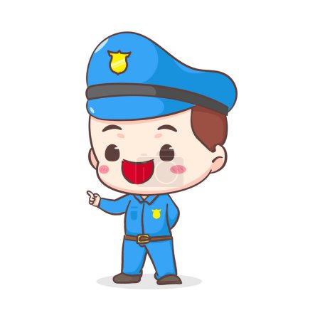 Illustration for Cute policeman showing pointing hand gesture cartoon character. People profession concept design. Isolated white background. Vector art illustration. Adorable chibi flat cartoon style - Royalty Free Image