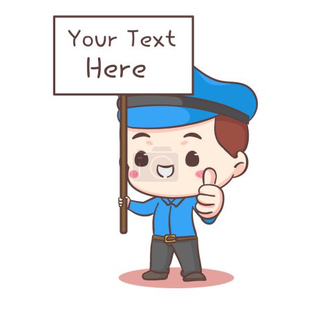 Illustration for Cute policeman holding empty board showing thumb up cartoon character. People profession concept design. Isolated white background. Vector art illustration. Adorable chibi flat cartoon - Royalty Free Image