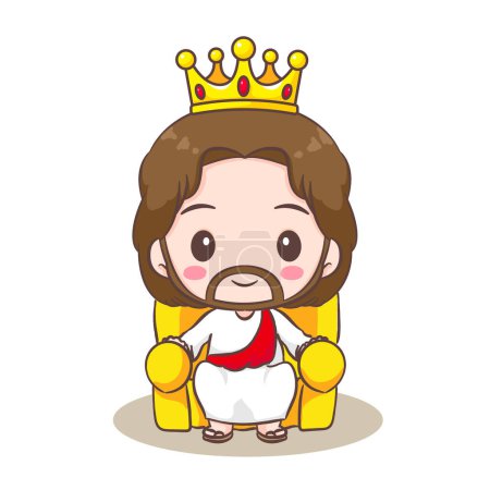 Illustration for Cute Jesus Christ cartoon character sitting on throne. Christian religion concept design. Hand drawn Chibi character clip art sticker Isolated white background. Vector art illustration - Royalty Free Image