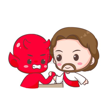 Illustration for Cute Jesus Christ arm-wrestling with devil cartoon character. Christian religion concept design. Hand drawn Chibi character clip art sticker Isolated white background. Vector art illustration - Royalty Free Image