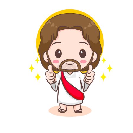 Illustration for Cute Jesus Christ cartoon character showing thumbs up. Christian religion concept design. Hand drawn Chibi character clip art sticker Isolated white background. Vector art illustration - Royalty Free Image