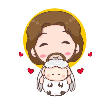 Illustration for Cute Jesus Christ and the lamb cartoon character. Christian religion concept design. Hand drawn Chibi character clip art sticker Isolated white background. Vector art illustration - Royalty Free Image
