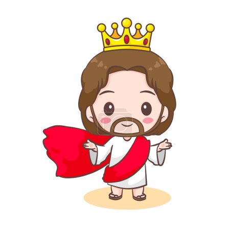 Cute Jesus Christ cartoon character with crown. Christian religion concept design. Hand drawn Chibi character clip art sticker Isolated white background. Vector art illustration